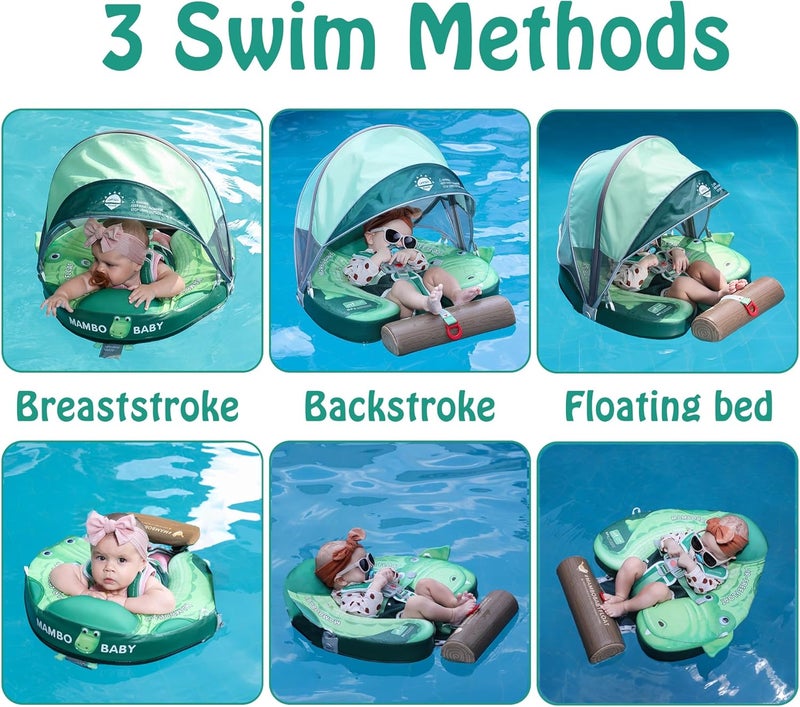 AnjeeIOT Mambobaby Float Non Inflatable Baby Float with Canopy Upgarded Add Tail Baby Swim Float with UPF 50+ Sun Canopy, Safety Swim Tranier Solid Toddler Pool Float for Age 3-24 Months, Crocodile Green - Image 3